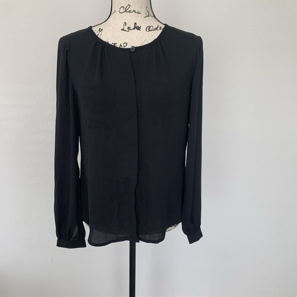 Loft Black Office Top Long Sleeve Button Down Blouse Size M Professional